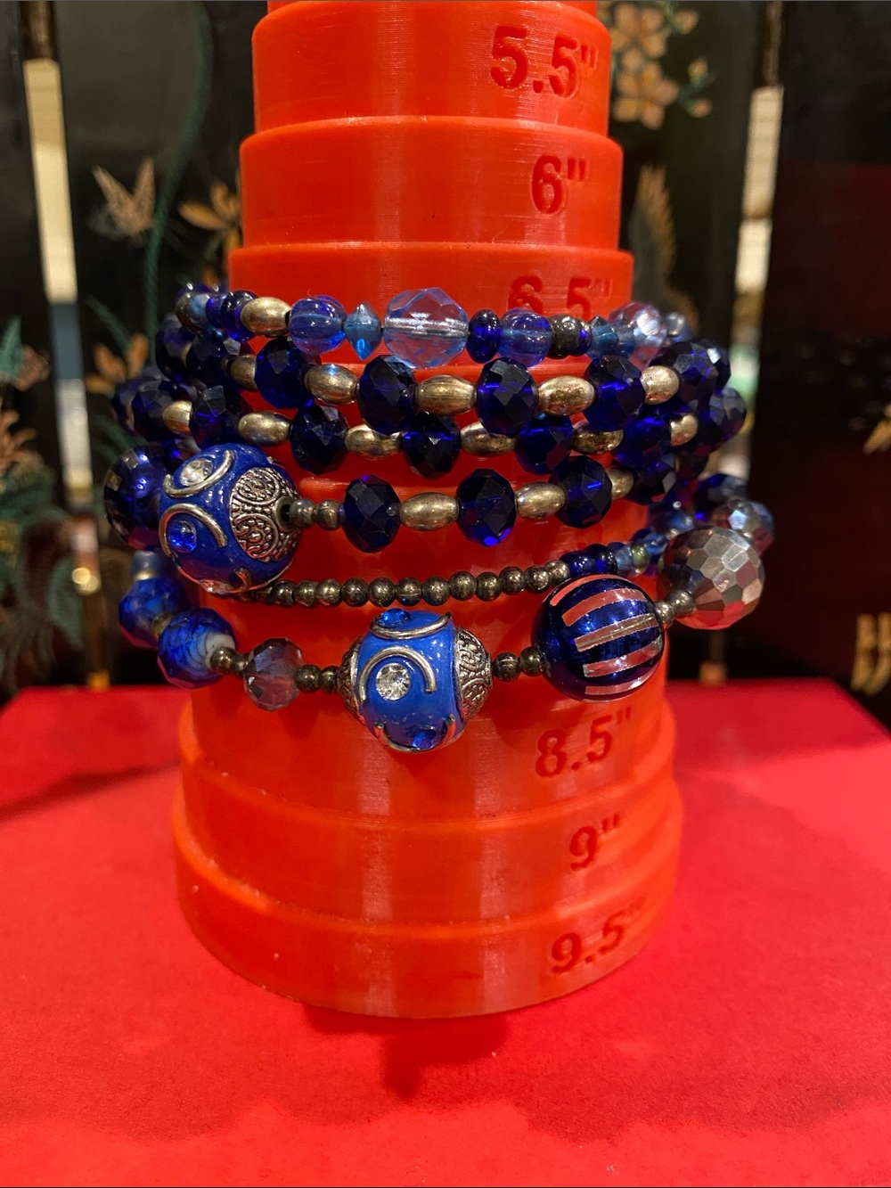 Blue Art Glass Beaded Coil Bracelet   Cobalt Blue.
